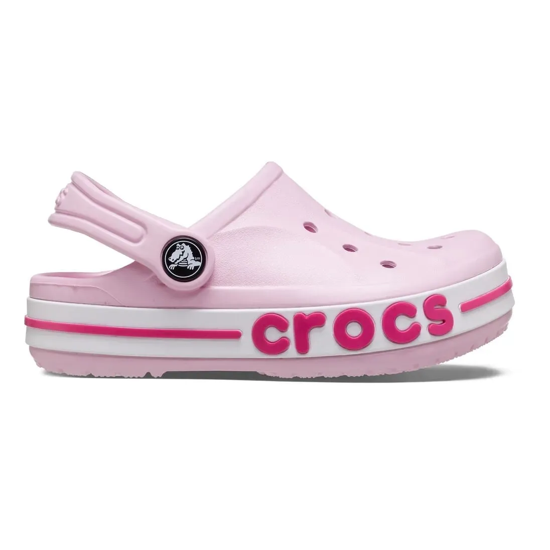 Babuche infantil Crocs Ballerina rosa com detalhes em branco e sola com orifícios